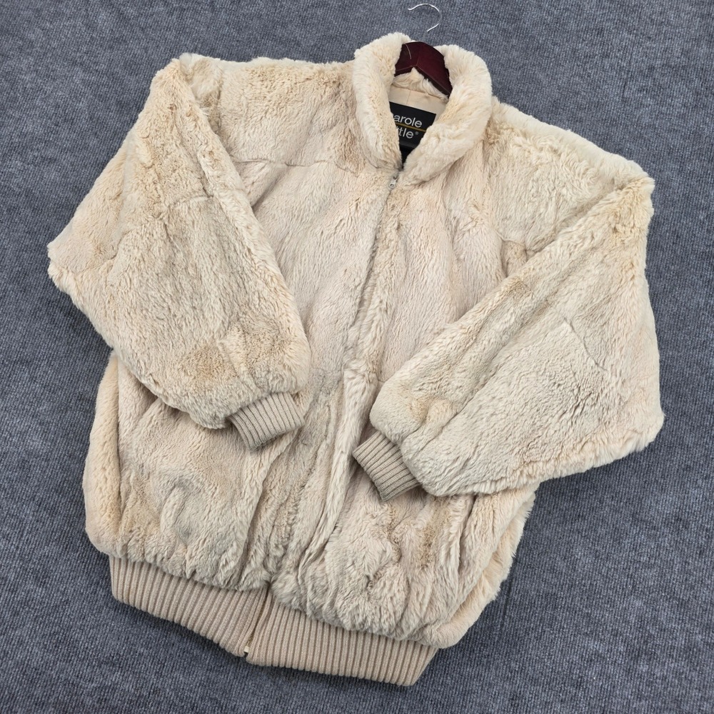 Carole Little Vintage Faux Fur Bomber Jacket Cream Beige Zip Front Ribbed Trim